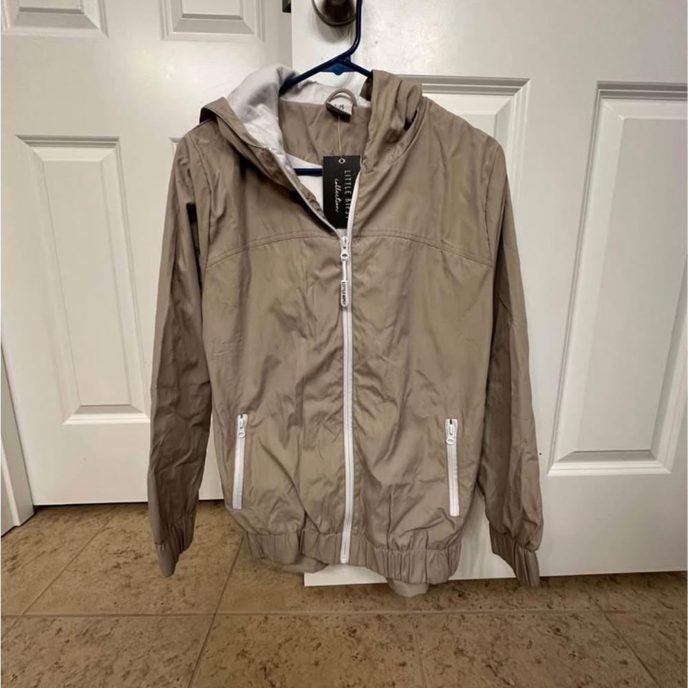 Little Bipsy Beige Hooded Windbreaker Jacket with White Trim